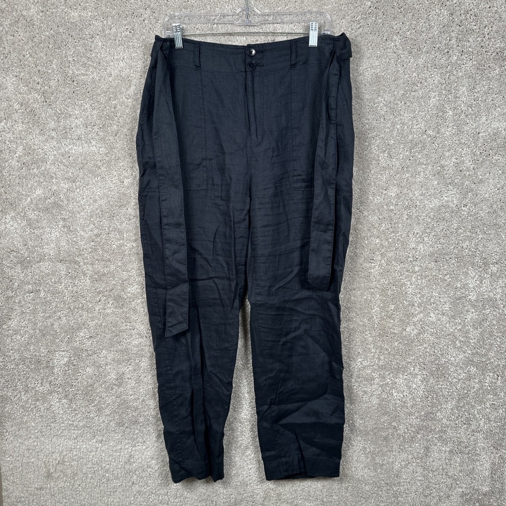 Lauren Ralph Lauren LRL Pants Womens 10 Navy Blue 100% Linen Tie Paperbag Taper